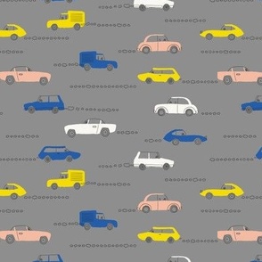 vintage cars - classic car - yellow and blue on grey