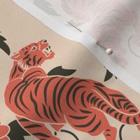 Tigers and Flowers Chinese Lunar Year Floral Pattern in Retro Orange and Beige