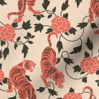 Tigers and Flowers Chinese Lunar Year Floral Pattern in Retro Orange and Beige