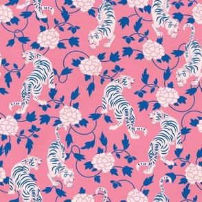 Tigers and Flowers Chinoiserie Floral in Blush Pink and Indigo Blue