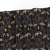 Howling and prowling - mystical gray wolf damask with plants, flowers and moon - black, small