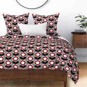 Mid Century Modern (MCM) Circle Scallop Flowers in Red, Gray, Black and White // V1 // Medium Scale - 400 DPI