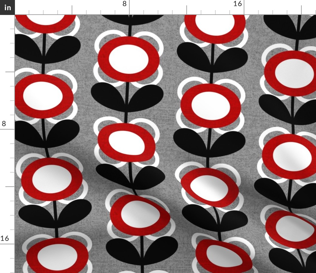 Mid Century Modern (MCM) Circle Scallop Flowers in Red, Gray, Black and White // V1 // Medium Scale - 400 DPI