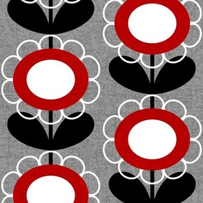 Mid Century Modern (MCM) Circle Scallop Flowers in Red, Gray, Black and White // V2 // Medium Scale - 400 DPI