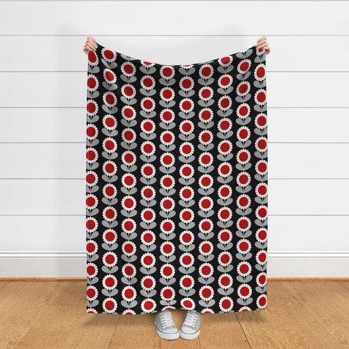 Mid Century Modern (MCM) Circle Scallop Flowers in Red, Gray, Black and White // V5 // Medium Scale - 400 DPI