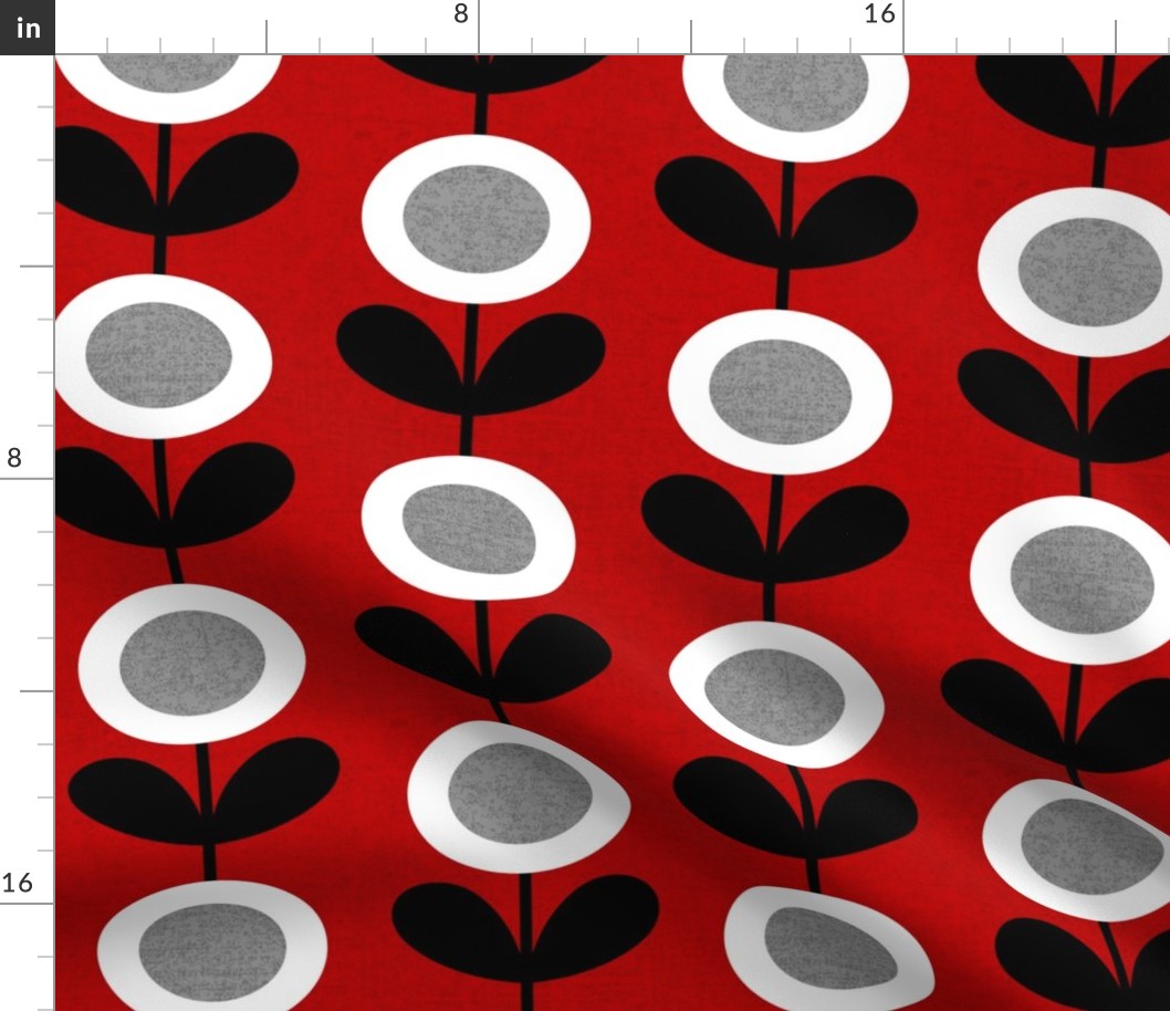 Mid Century Modern (MCM) Circle Flowers in Red, Gray, Black and White // Medium Scale - 400 DPI