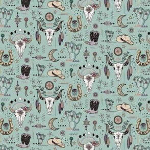 Boho tribal cowgirl ephemera - western, cowboy boots, cow skulls - dusty green, almost micro - 3.7 inch W repeat