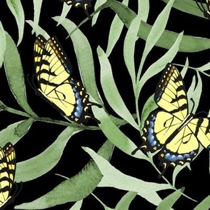 Palm Fronds and Tiger Swallowtails on Black