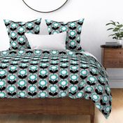 Mid Century Modern (MCM) Scallop Circle Flowers in Turquoise, Gray, Black and White // V1 // Medium Scale - 400 DPI