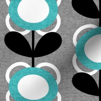 Mid Century Modern (MCM) Scallop Circle Flowers in Turquoise, Gray, Black and White // V1 // Medium Scale - 400 DPI