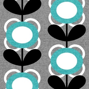 Mid Century Modern (MCM) Scallop Circle Flowers in Turquoise, Gray, Black and White // V1 // Medium Scale - 400 DPI