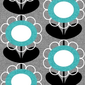 Mid Century Modern (MCM) Scallop Circle Flowers in Turquoise, Gray, Black and White // V2 // Medium Scale - 400 DPI