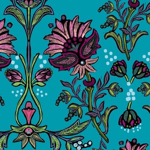 folk art floral on turquoise Wallpaper - large scale fabric