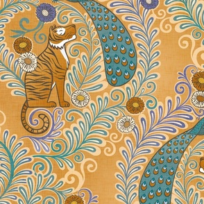 Tiger and Peacock Rococo- Large- Mustard Background Hollywood Regency Wallpaper- Golden Yellow- Gold- Orange- Maximalist Home Decor- Year of the Tiger- Indian Textile Linen Texture