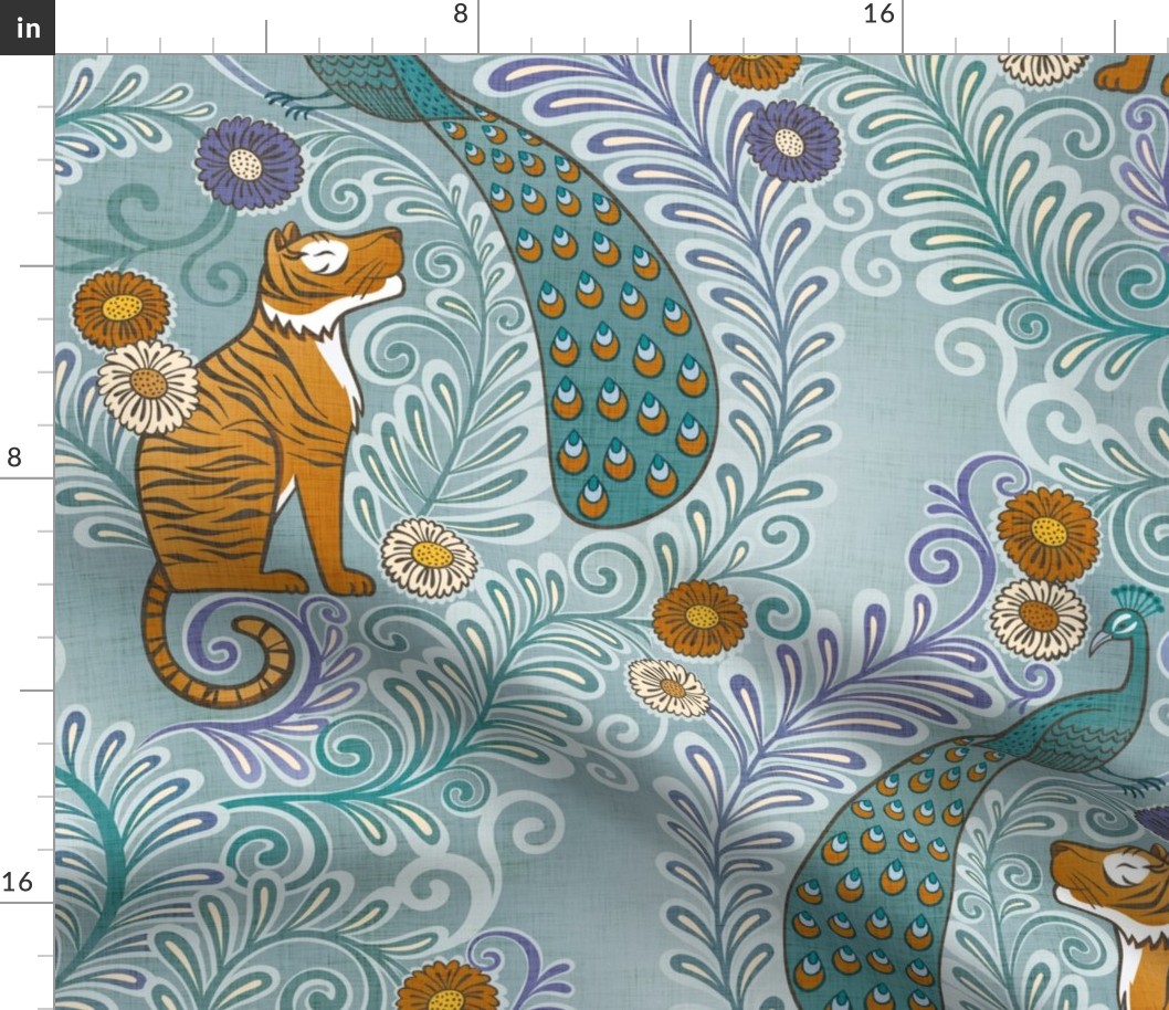 Tiger and Peacock Rococo- Large- Teal Background Hollywood Regency Wallpaper- Turquoise Blue- Mint- Maximalist Home Decor- Year of the Tiger- Indian Textile Linen Texture