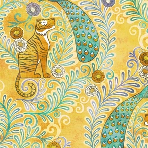 Tiger and Peacock Rococo- Large- Yellow Background Hollywood Regency Wallpaper- Golden Yellow- Gold- Orange- Summer- Maximalist Home Decor- Year of the Tiger- Distressed Indian Textile