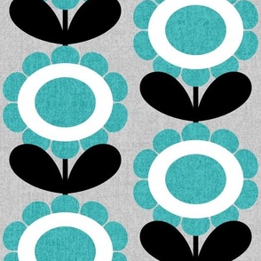 Mid Century Modern (MCM) Scallop Circle Flowers in Turquoise, Gray, Black and White // V3 // Medium Scale - 400 DPI
