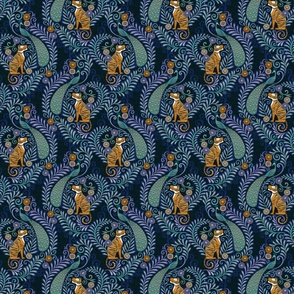 Tiger and Peacock Rococo- Mini- Dark Teal Background Hollywood Regency Wallpaper- Dark Blue- Maximalist Home Decor- Year of the Tiger- Indian Textile Linen Texture