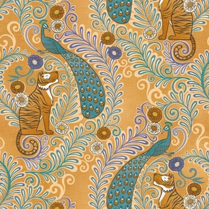 Tiger and Peacock Rococo- Medium- Mustard Background Hollywood Regency Wallpaper- Golden Yellow- Gold- Orange- Maximalist Home Decor- Year of the Tiger- Indian Textile Linen Texture