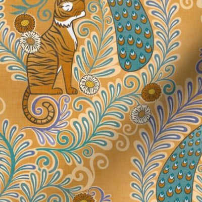 Tiger and Peacock Rococo- Small- Mustard Background Hollywood Regency Wallpaper- Golden Yellow- Gold- Orange- Maximalist Home Decor- Year of the Tiger- Indian Textile Linen Texture