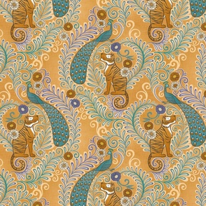 Tiger and Peacock Rococo- Small- Mustard Background Hollywood Regency Wallpaper- Golden Yellow- Gold- Orange- Maximalist Home Decor- Year of the Tiger- Indian Textile Linen Texture