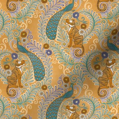 Tiger and Peacock Rococo- Mini- Mustard Background Hollywood Regency Wallpaper- Golden Yellow- Gold- Orange- Maximalist Home Decor- Year of the Tiger- Indian Textile Linen Texture