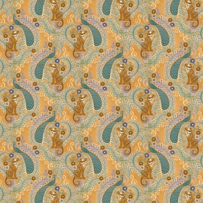 Tiger and Peacock Rococo- Mini- Mustard Background Hollywood Regency Wallpaper- Golden Yellow- Gold- Orange- Maximalist Home Decor- Year of the Tiger- Indian Textile Linen Texture