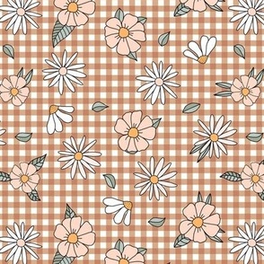 Small flowers gingham in peach and chocolate brown