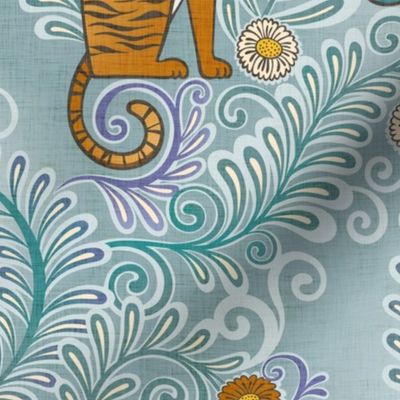 Tiger and Peacock Rococo- Medium- Teal Background Hollywood Regency Wallpaper- Turquoise Blue- Mint- Maximalist Home Decor- Year of the Tiger- Indian Textile Linen Texture