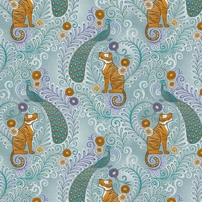 tiger and peacock emerald green (large Fabric