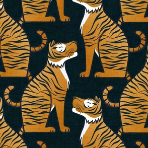 Tigers- Large- DarkTeal Background Hollywood Regency Wallpaper- Dark Blue- Maximalist Home Decor- Year of the Tiger- Indian Textile Linen Texture- Big Cats- Wild Cat