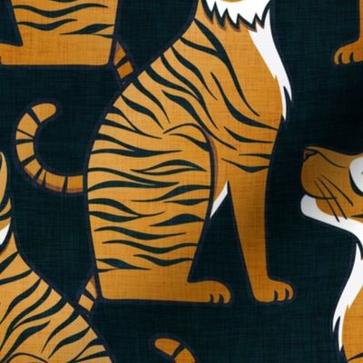 Tigers- Medium- DarkTeal Background Hollywood Regency Wallpaper- Dark Blue- Maximalist Home Decor- Year of the Tiger- Indian Textile Linen Texture- Big Cats- Wild Cat
