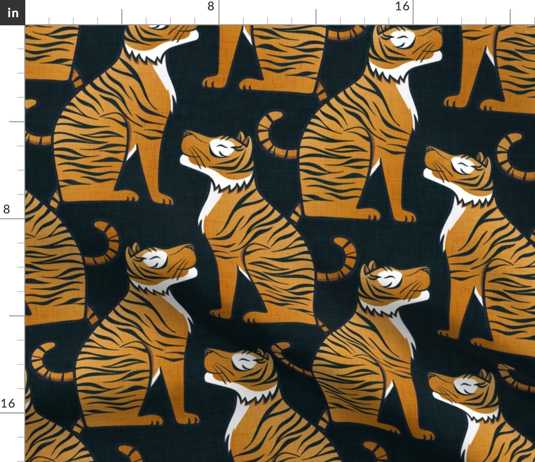 Tigers- Medium- DarkTeal Background Hollywood Regency Wallpaper- Dark Blue- Maximalist Home Decor- Year of the Tiger- Indian Textile Linen Texture- Big Cats- Wild Cat
