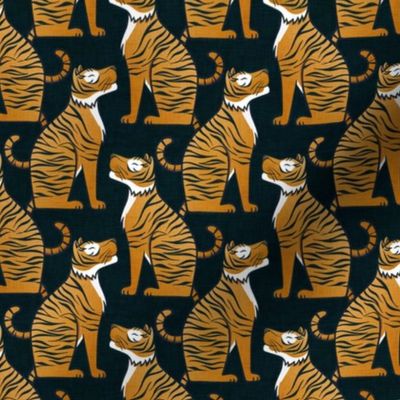 Tigers- Mini- DarkTeal Background Hollywood Regency Wallpaper- Dark Blue- Maximalist Home Decor- Year of the Tiger- Indian Textile Linen Texture- Big Cats- Wild Cat
