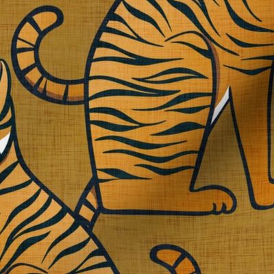 Tigers- Large- Mustard Orange Background Wallpaper- Golden Orange- Gold- Maximalist Home Decor- Year of the Tiger- Indian Textile Linen Texture- Animal Print- Big Cats- Wild Cat