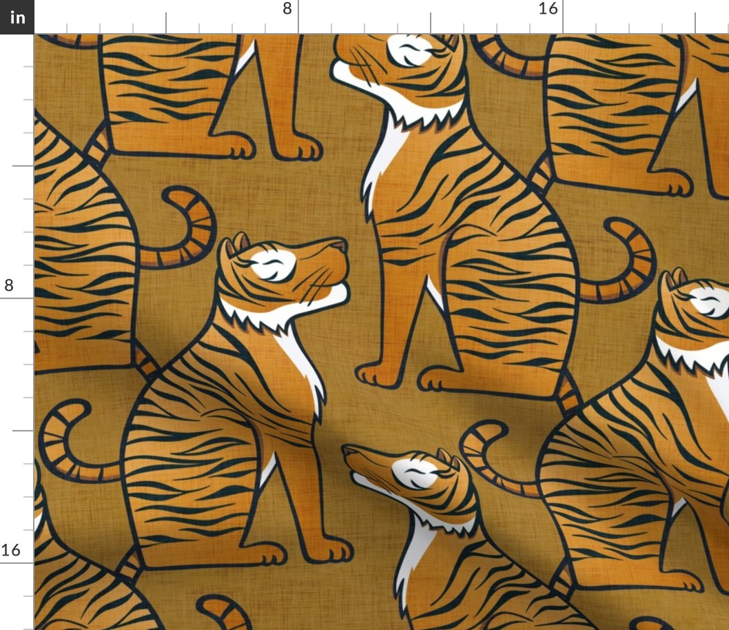 Tigers- Large- Mustard Orange Background Wallpaper- Golden Orange- Gold- Maximalist Home Decor- Year of the Tiger- Indian Textile Linen Texture- Animal Print- Big Cats- Wild Cat