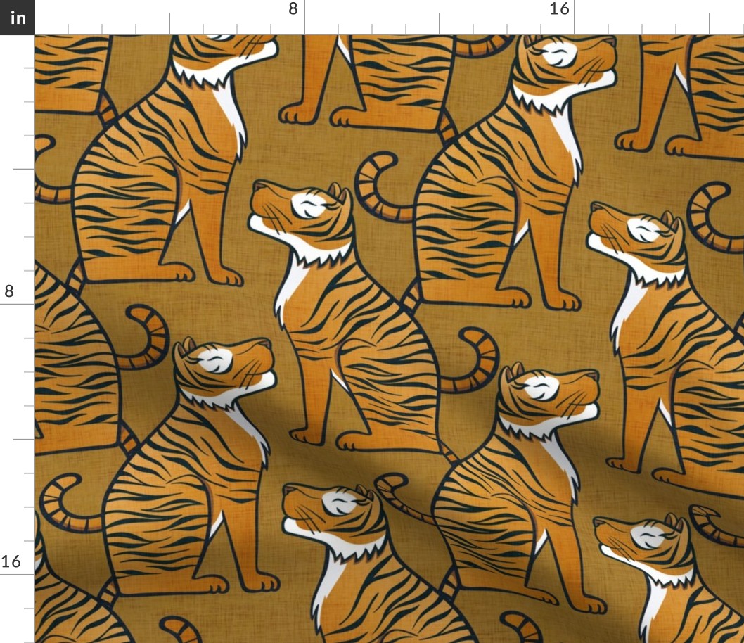 Tigers- Medium- Mustard Orange Background Wallpaper- Golden Orange- Gold- Maximalist Home Decor- Year of the Tiger- Indian Textile Linen Texture- Animal Print- Big Cats- Wild Cat
