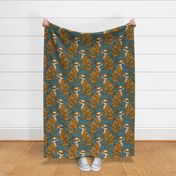 Tigers- Large- Teal Background Wallpaper- Turquoise Blue- Mint- Animal Print Home Decor- Year of the Tiger- Indian Textile- Big Cats- Wild Cat