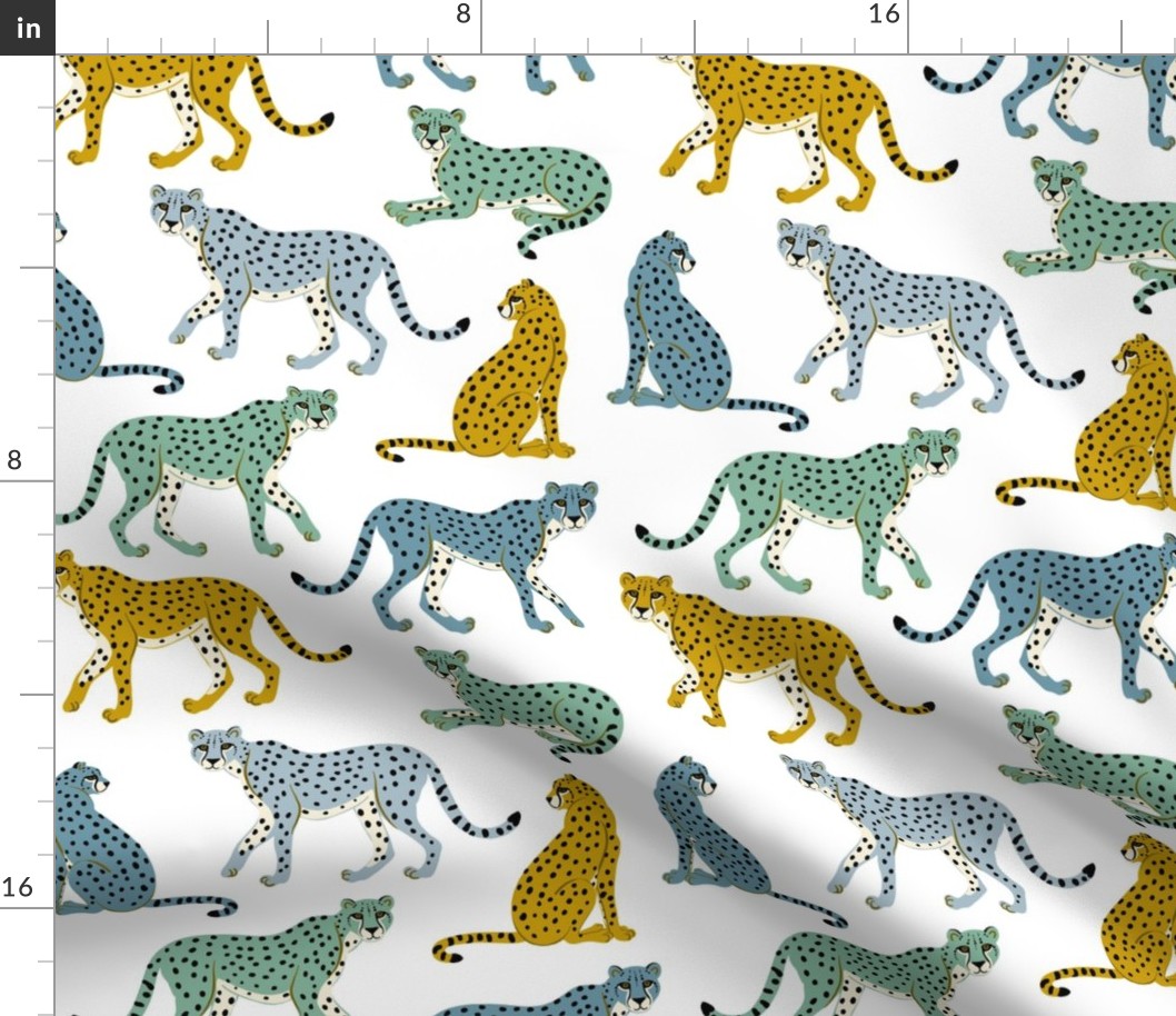 Cheetahs Blue Ochre Green on White