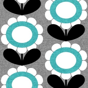 MCM Scallop Circle Flowers in Turquoise, Gray, Black and White // V4 // Medium Scale - 400 DPI