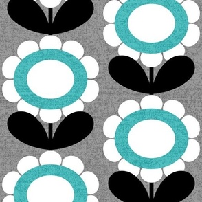 Mid Century Modern (MCM) Scallop Circle Flowers in Turquoise, Gray, Black and White // V4 // Medium Scale - 400 DPI