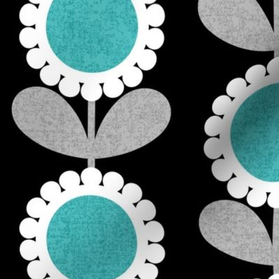 Mid Century Modern (MCM) Scallop Circle Flowers in Turquoise, Gray, Black and White // V5 // Medium Scale - 400 DPI