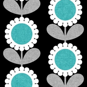 Mid Century Modern (MCM) Scallop Circle Flowers in Turquoise, Gray, Black and White // V5 // Medium Scale - 400 DPI