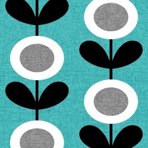 Mid Century Modern (MCM) Circle Flowers in Turquoise, Gray, Black and White // Medium Scale - 400 DPI