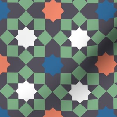Islamic tiles geometrics mosaic green orange blue dark
