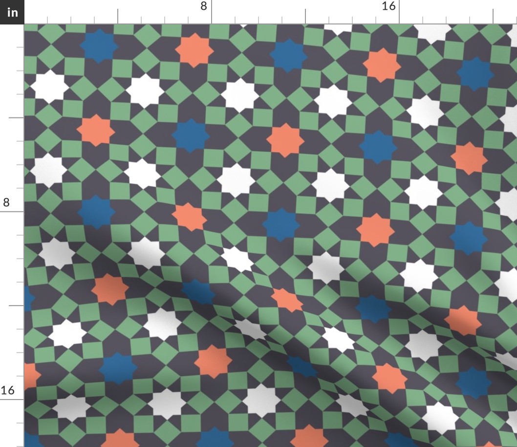 Islamic tiles geometrics mosaic green orange blue dark