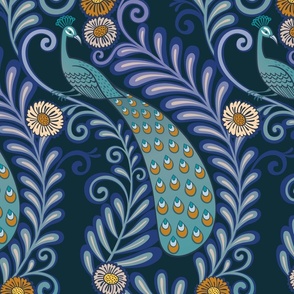 Peacock Rococo- Large- DarkTeal Background Hollywood Regency Wallpaper- Dark Blue- Novelty Maximalist Home Decor- Indian Textile Linen Texture- Luxurious Birds