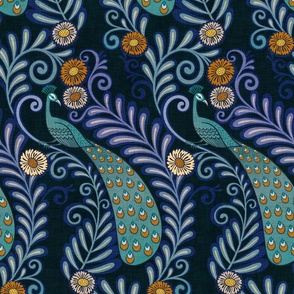 Peacock Rococo- Medium- DarkTeal Background Hollywood Regency Wallpaper- Dark Blue- Novelty Maximalist Home Decor- Indian Textile Linen Texture- Luxurious Birds