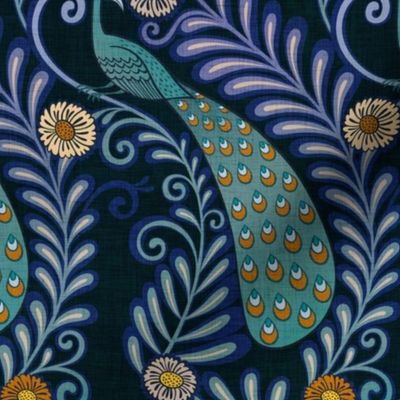Peacock Rococo- Small- DarkTeal Background Hollywood Regency Wallpaper- Dark Blue- Novelty Maximalist Home Decor- Indian Textile Linen Texture- Luxurious Birds