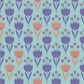 Spring Tulips Floral Garden Botanical in Pastel Cottage Colours with Very Peri Purple on Light Teal -  MEDIUM Scale - UnBlink Studio by Jackie Tahara